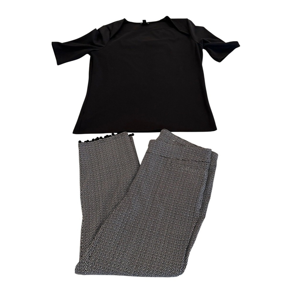 Ann Taylor Black Top L  Chico's Black White Pom-Pom Capri Pants Set Size 2 US 12